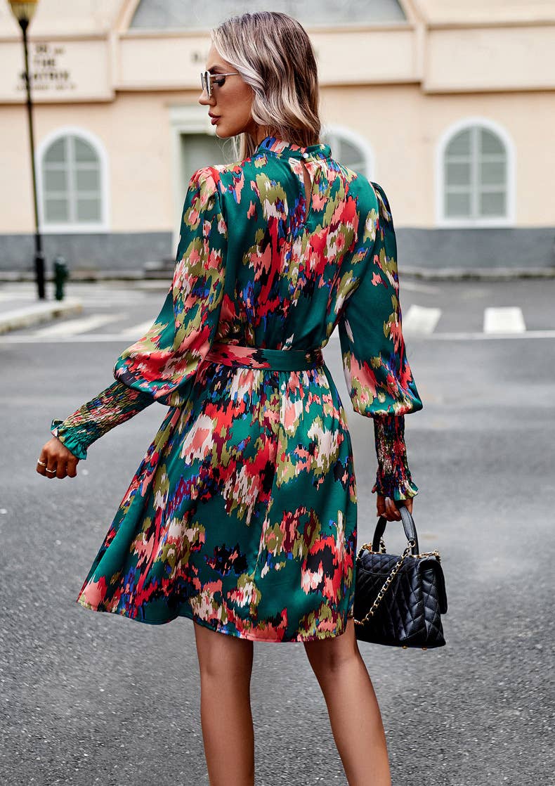 Green Floral Print Ruffle Dress