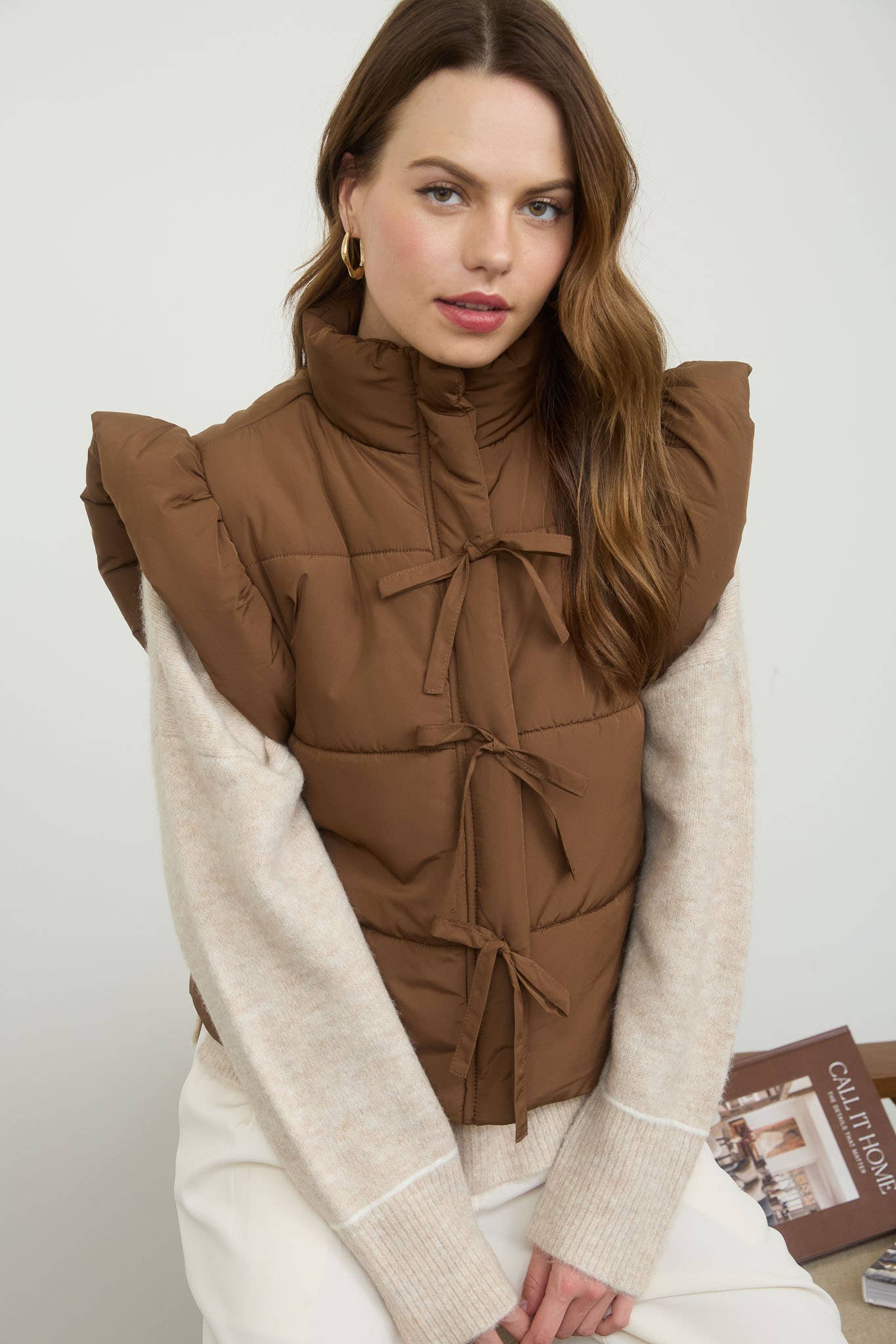 Brown Flutter Sleeve Bow Detail Puffer Vest F
