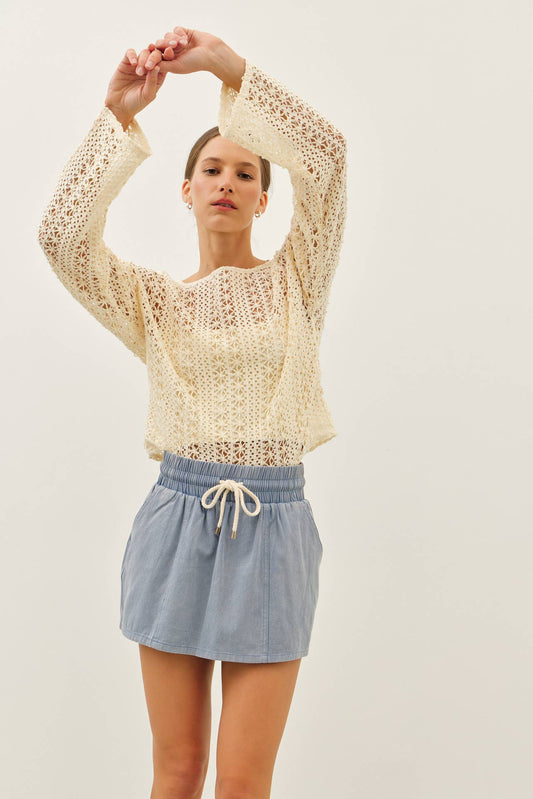 Cream Sheer Floral Crochet Top With Bell Sleeves