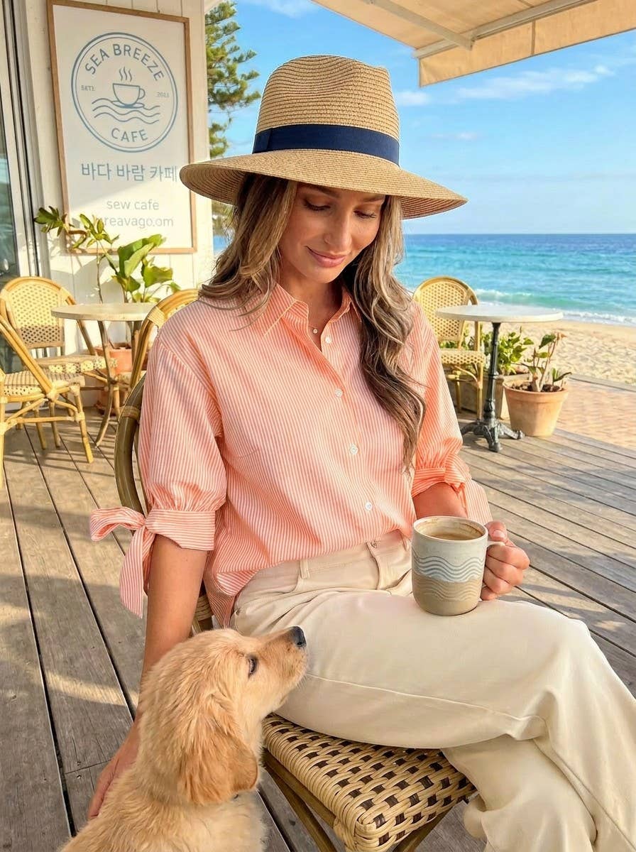 Bow Tie Accent Short Sleeve Stripe Blouse Top VT83168: Brown / S