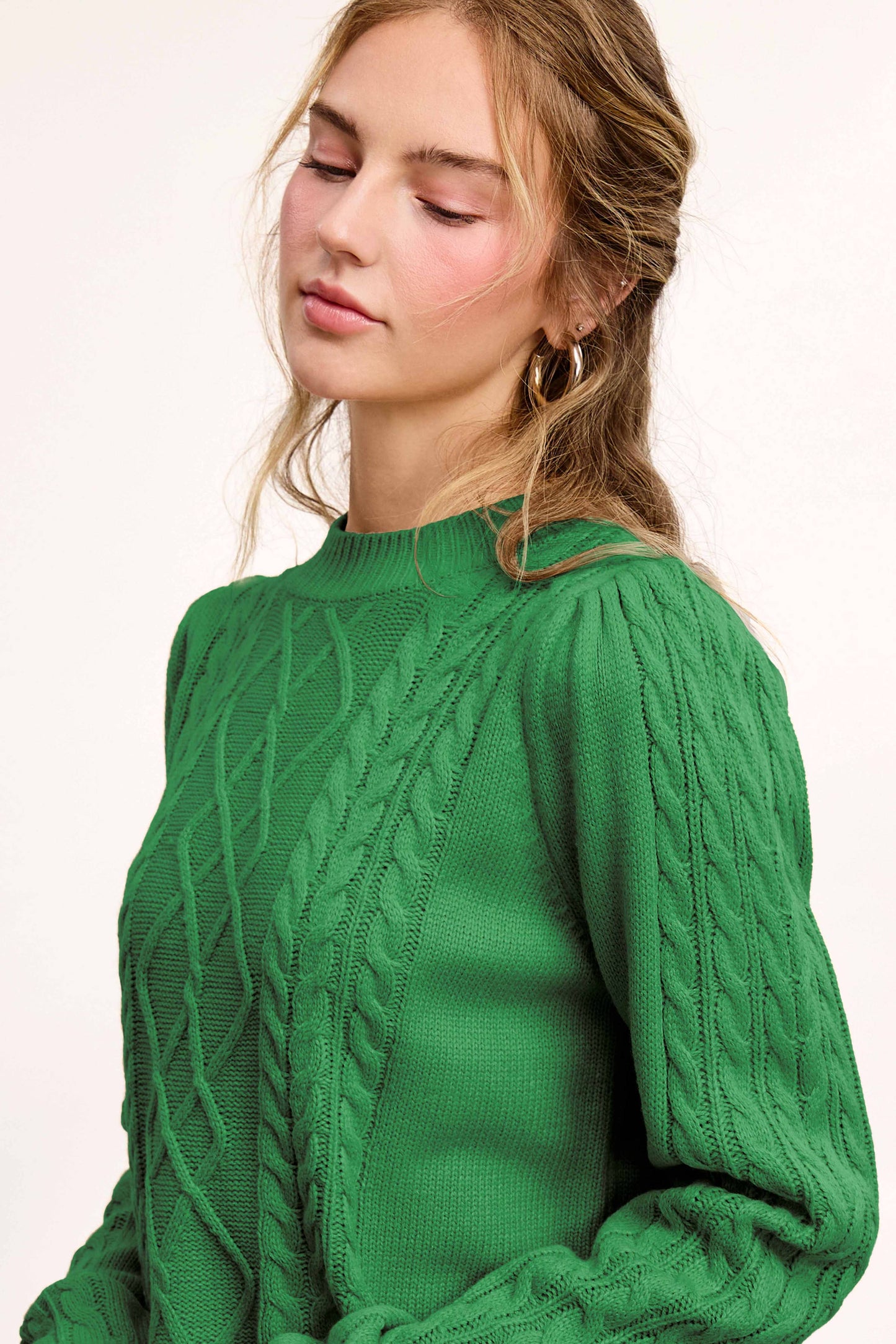 Pine Tree Green Soft Ribbed Crew Neck Cable Knit Sweater