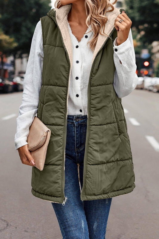 Olive Fleece Plain Color Zipper Gilet With Pockets