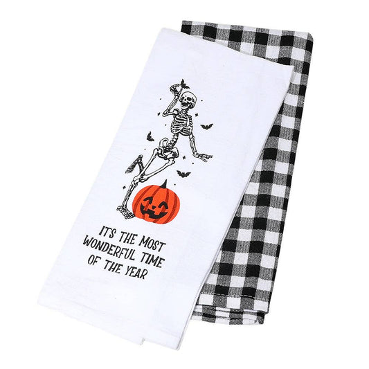 Halloween Skeleton Pumpkin Printed Gingham Kitchen Towel Set