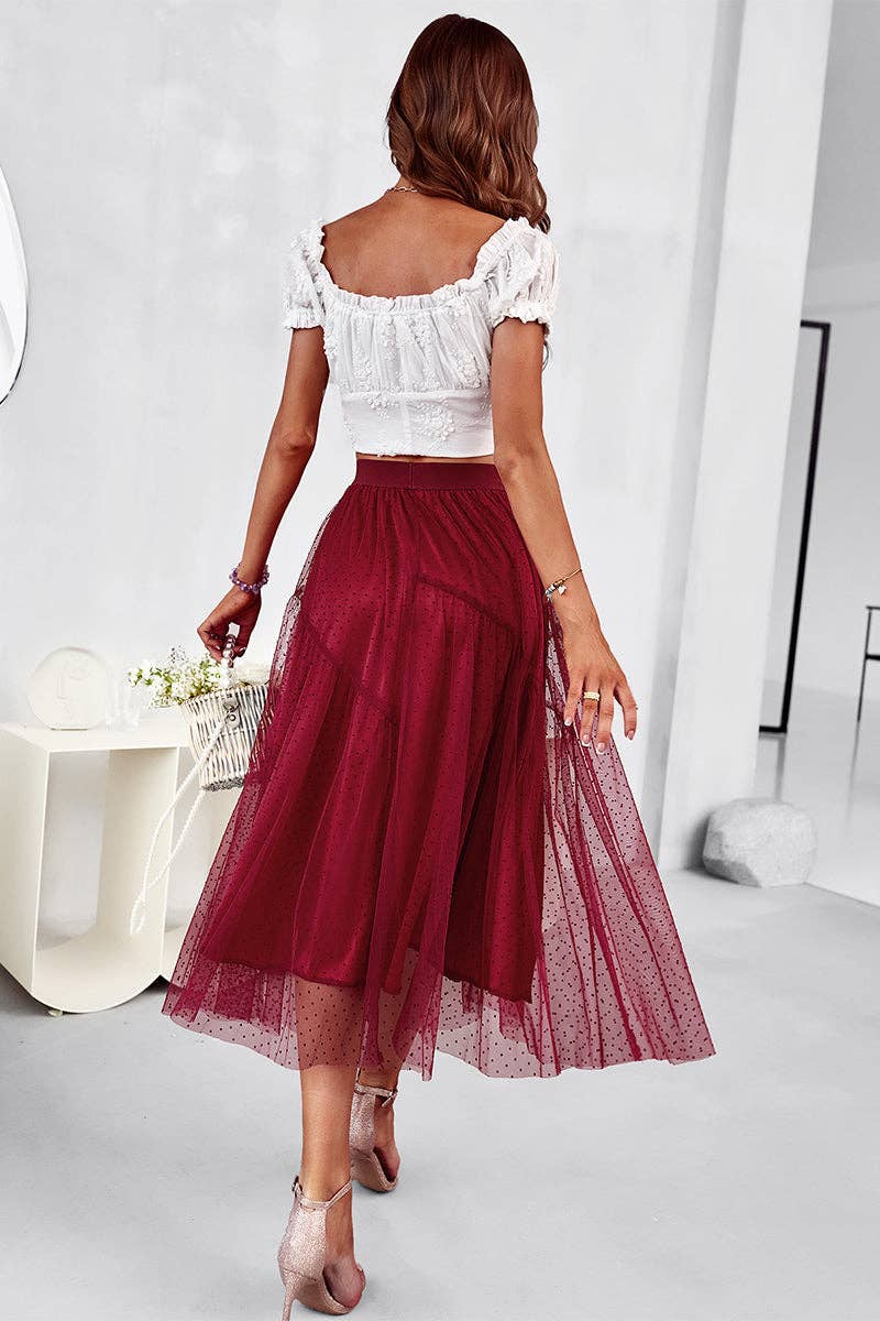 A-Line Solid Layered Gauze Tulle Midi Skirt: Wine