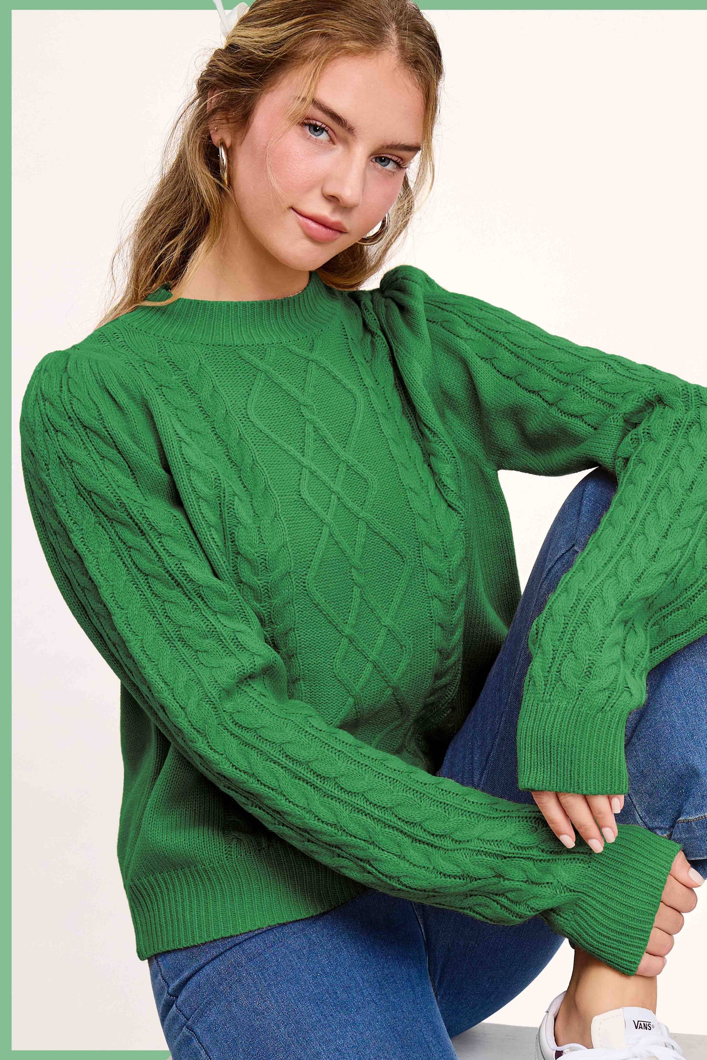 Pine Tree Green Soft Ribbed Crew Neck Cable Knit Sweater