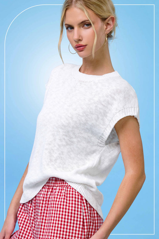 Loose Fit Sleeveless Ribbed Knit Mock Crew Neck Top: Milk