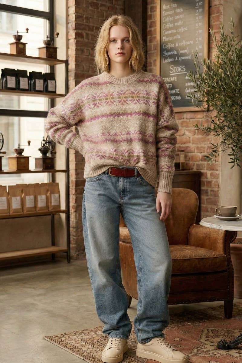 Taupe/Brown Cozy Jacquard  Sweater