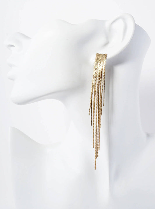 4-Inch Brass Chain Tassel Fringe Drop Vintage Statement Earrings: Worn Gold