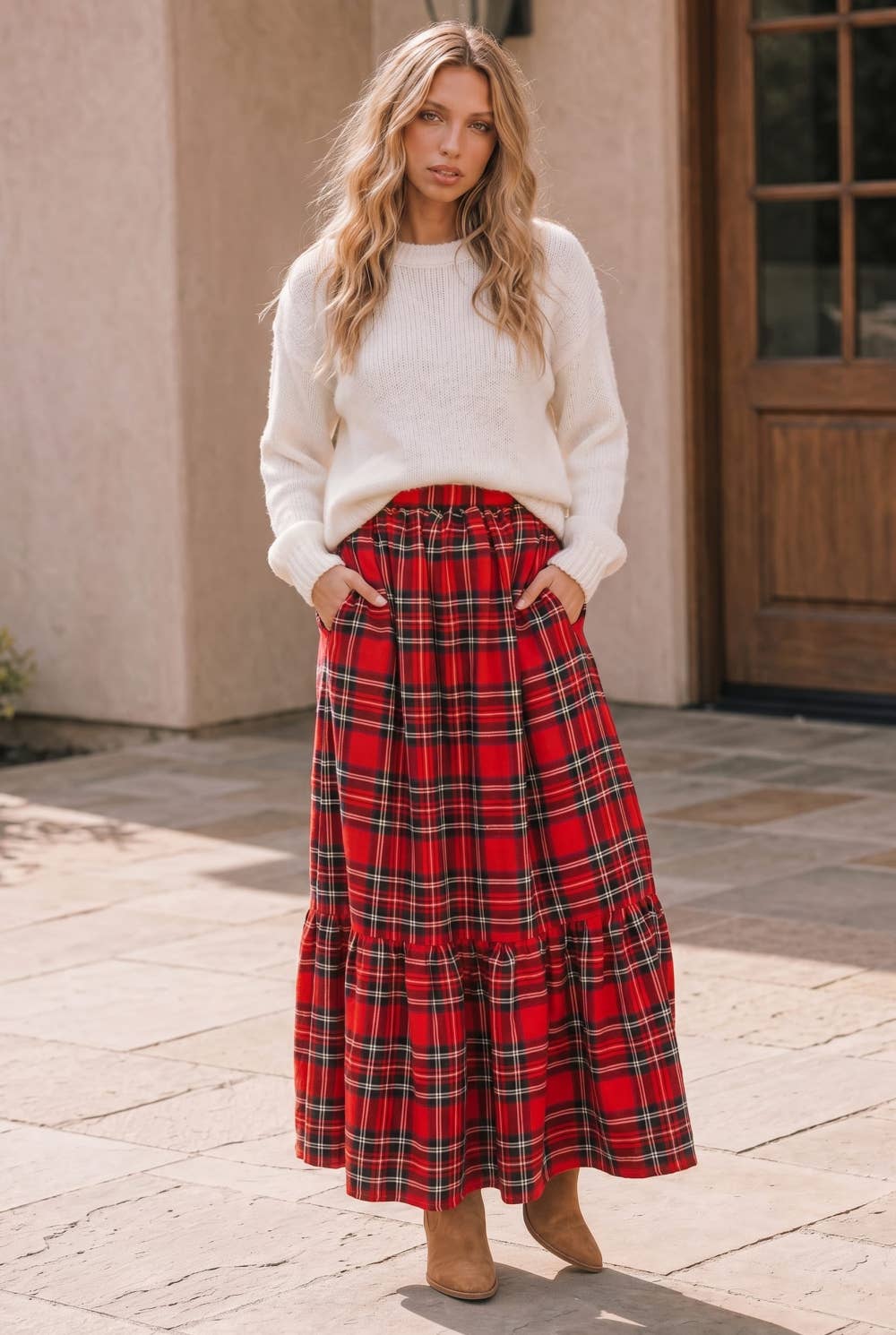 Plaid Tiered Maxi Skirt with Pockets: RED / S
