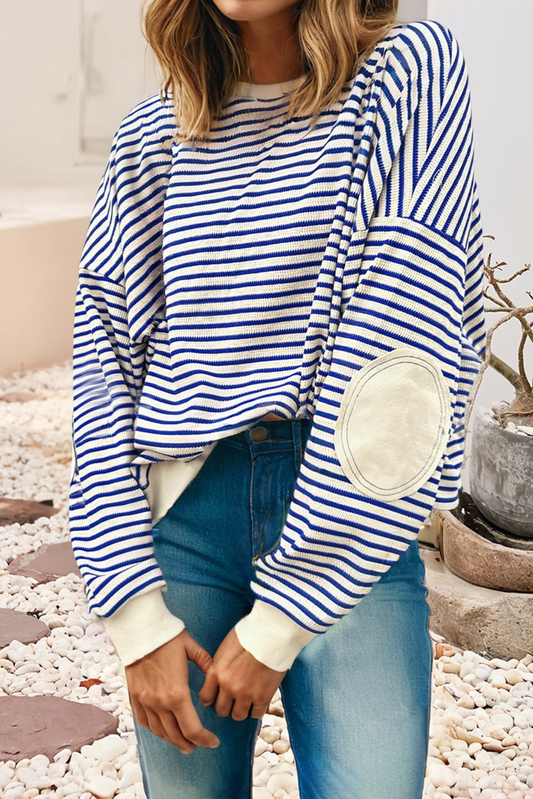 Blue & Cream Textured Elbow Patched Crew Neck Top