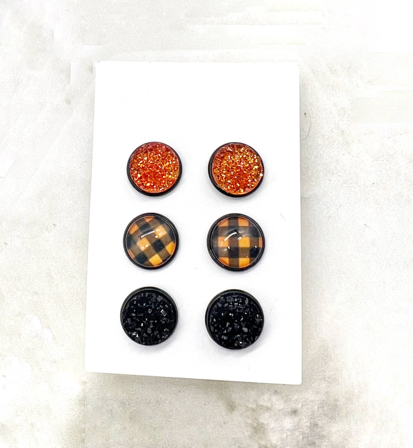 Fall Orange Buffalo Plaid Druzy Stud Trio