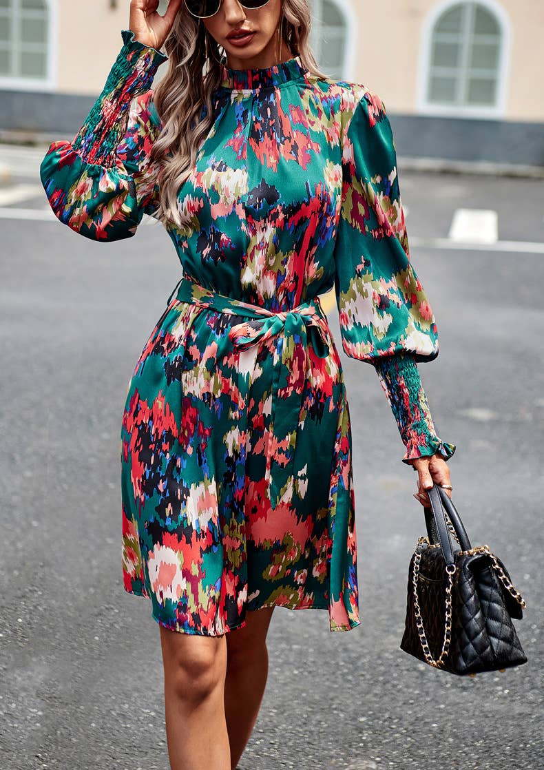 Green Floral Print Ruffle Dress