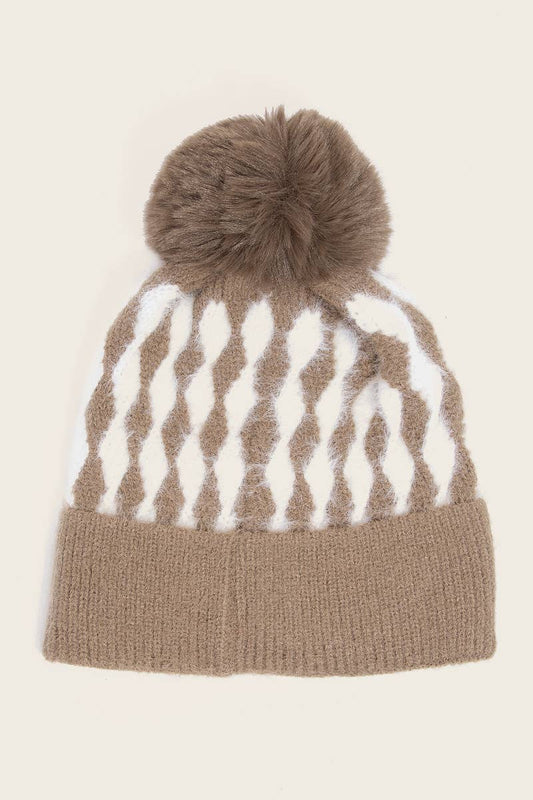 Khaki Abstract Diamond Stripe Knit Pom Winter Beanie