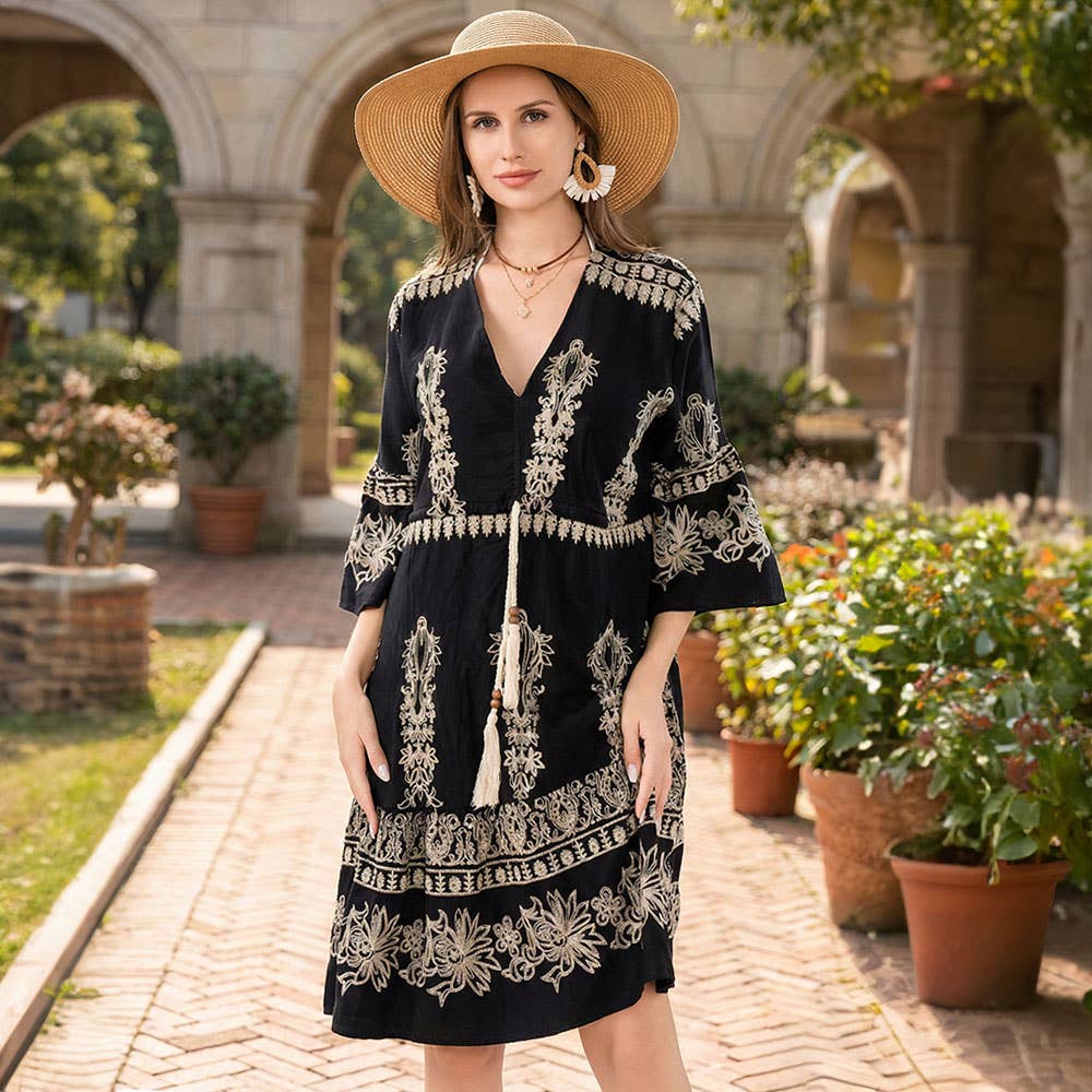 Floral Embroidered Bohemian Mini Dress: White
