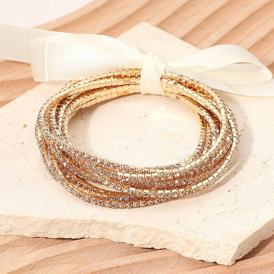 Gold Ribbon Slim Rhinestone Stretch Multi Layered Bracelet Set (12)