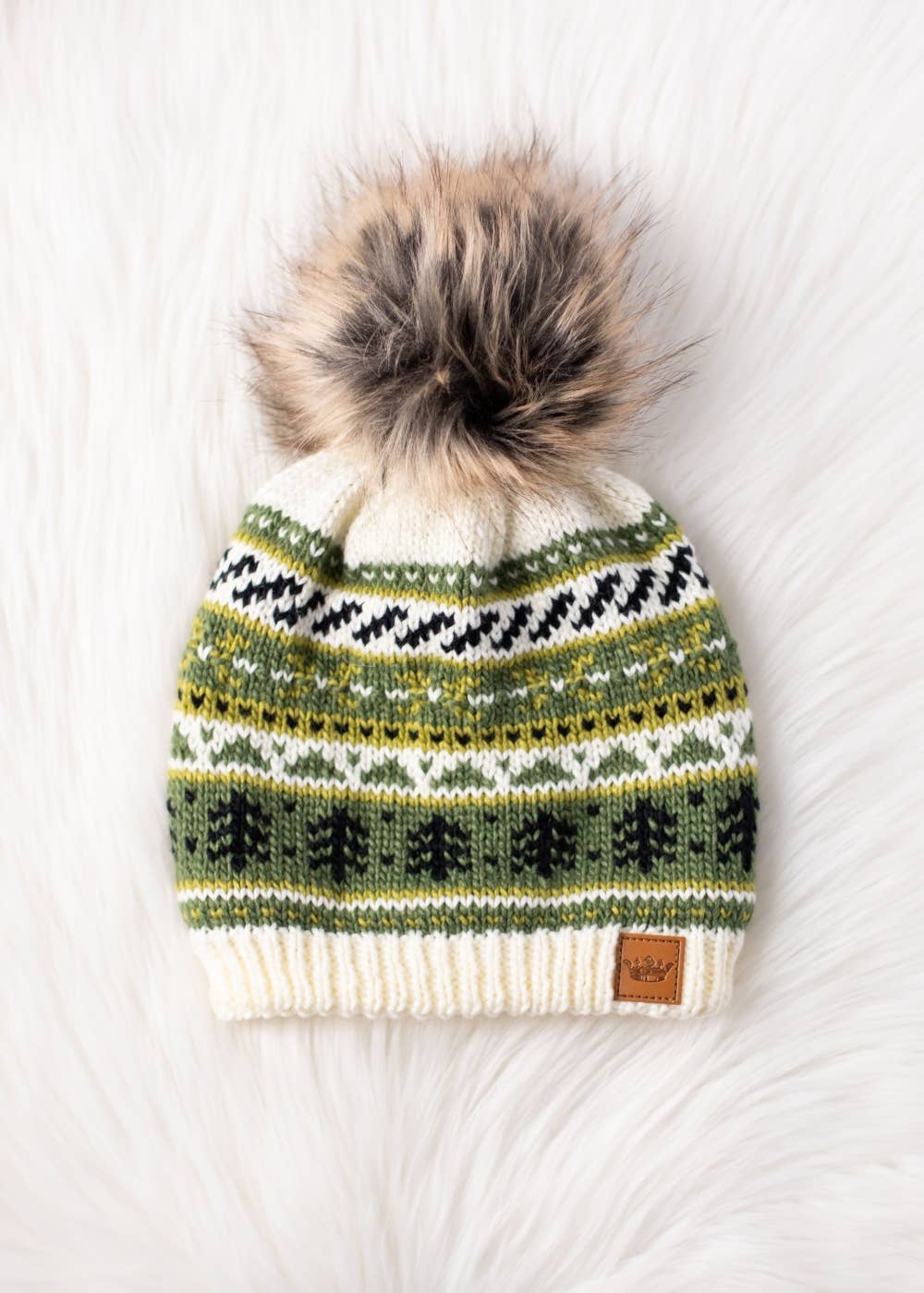 Ivory, Green & Black Christmas Pattern Pom Hat