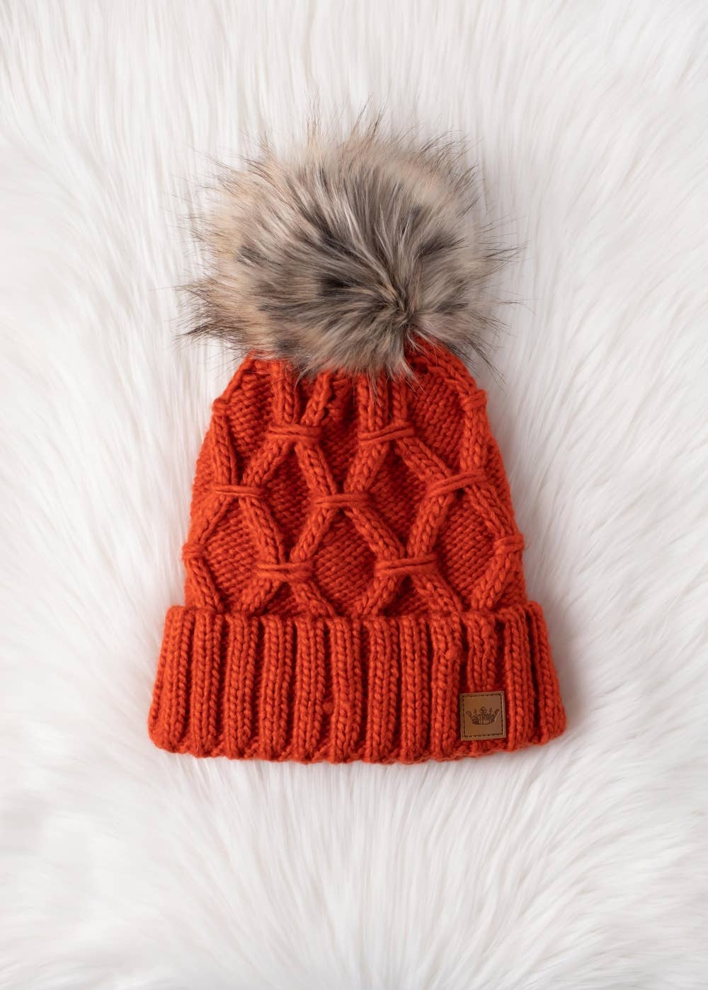 Terracotta Diamond Cable Knit Pom Hat