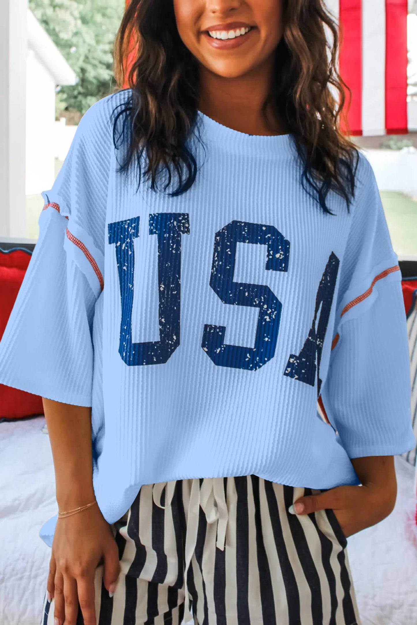 Blue USA Graphic Half Sleeve Loose Ribbed Top