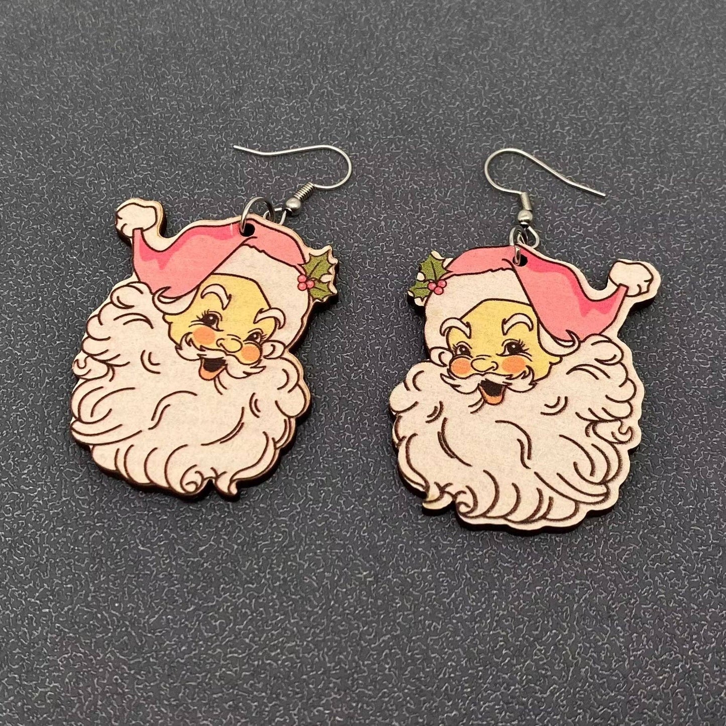 Christmas Pink Santa Claus Wooden Dangle Earrings