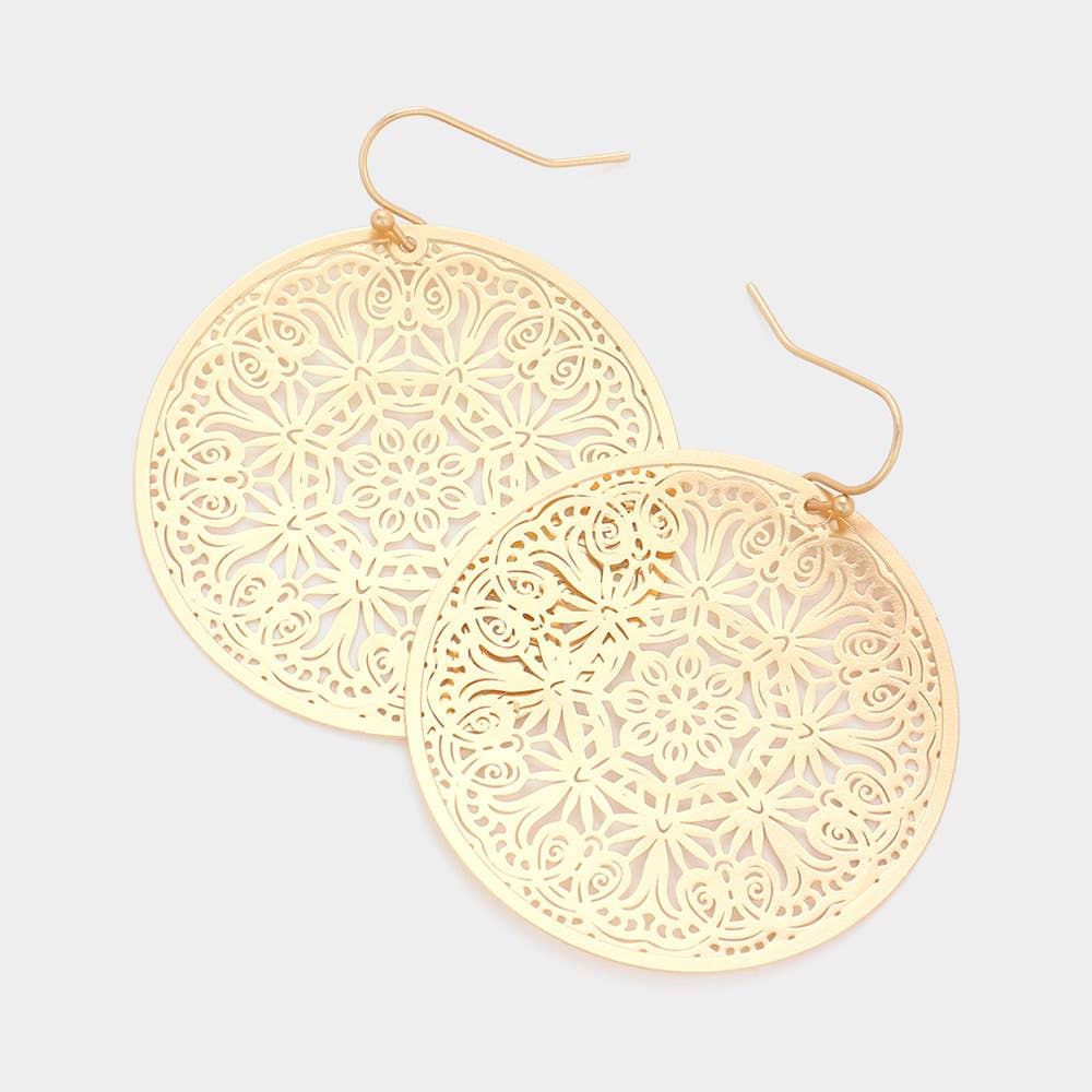 Filigree Brass Metal Round Dangle Earrings: Matte Gold