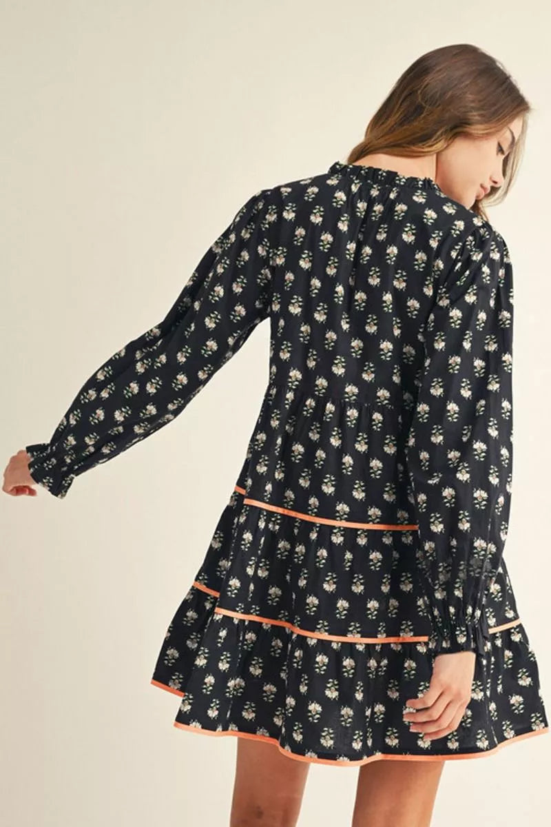 Black Long Sleeve Tiered Floral Dress with Tie Neck