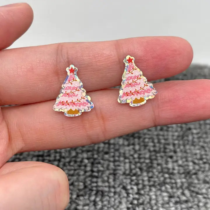 Pink Christmas Tree Acrylic Stud Earrings