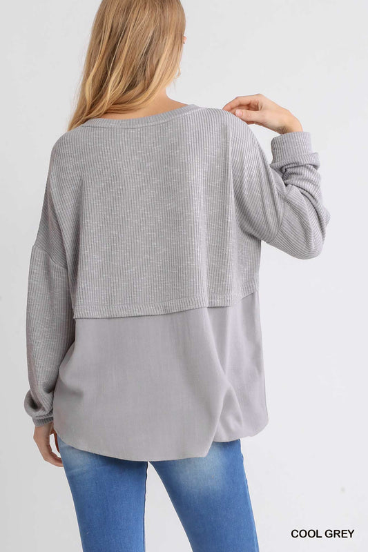 SALE Gray Crochet Yoke Top with Contrast Linen Back