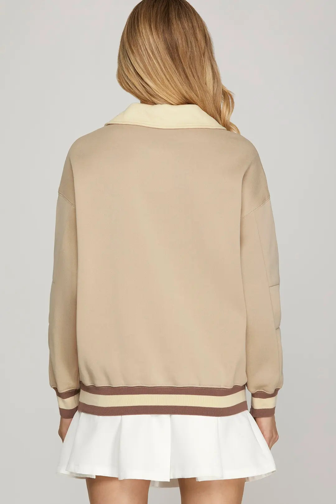 Taupe V Neck Knit Pullover Top with Contrast Rib Band