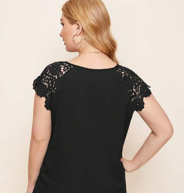 Black Notched Neck Guipure Lace Raglan Sleeve Top-Plus Sized