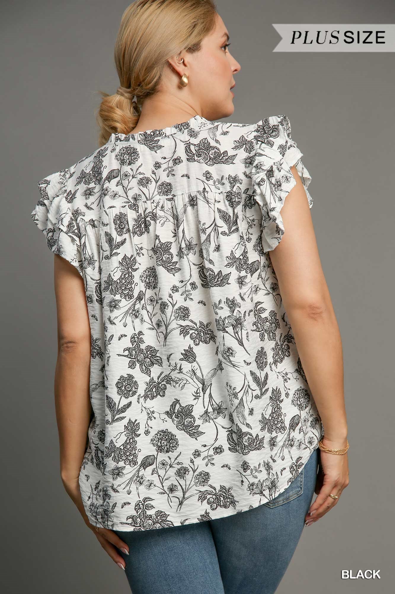 Black & Cream Floral Print w/ Smocked Details & Ruffle Sleeves Top-Plus Size