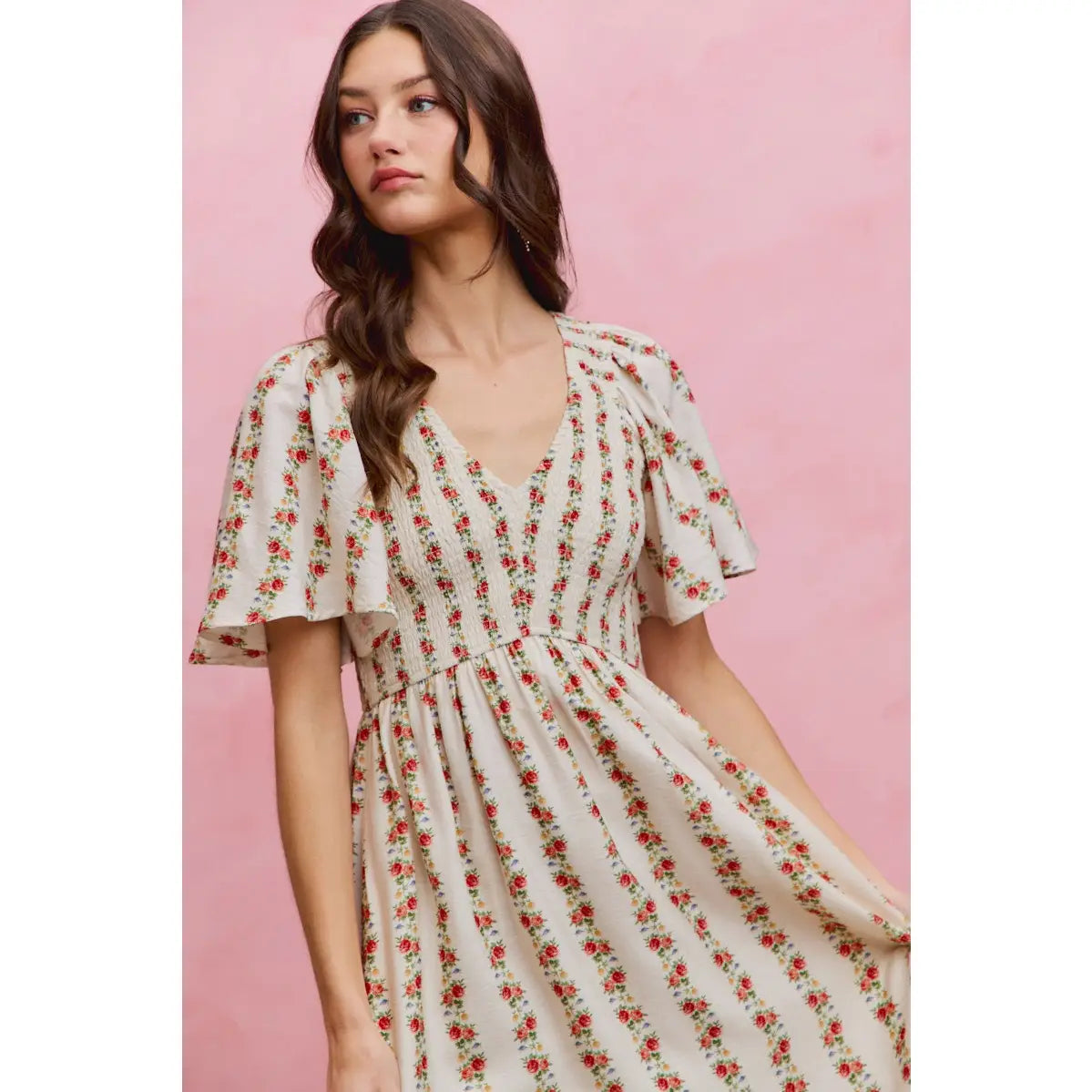 Floral rose print smocked bodice flutter sleeves lined midi dress
