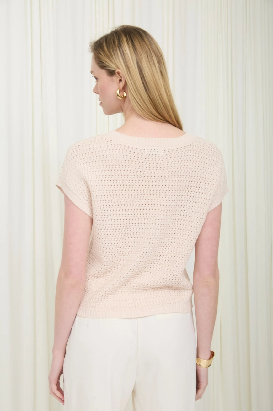 Light Khaki Sheer Knit Crew Neck Short Sleeve Sweater