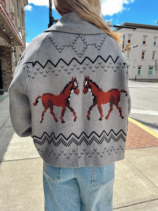 Dark Gray Horse Accent Collared Cardigan