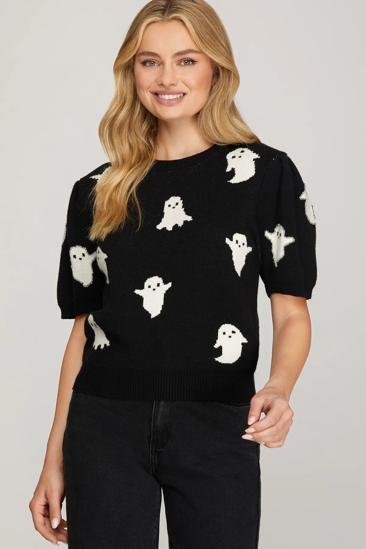 Halloween Ghost Pattern Puff Short Sleeve Sweater