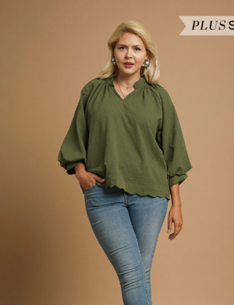 Olive Textured Scallop Hem Blouse