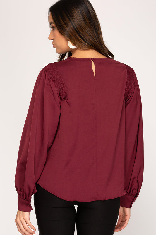 SALE Wine Colored Blouse with Smocked Shoulder Detail