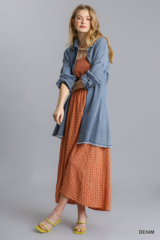 Long Sleeve Button Down Denim Dress with Frayed Hem