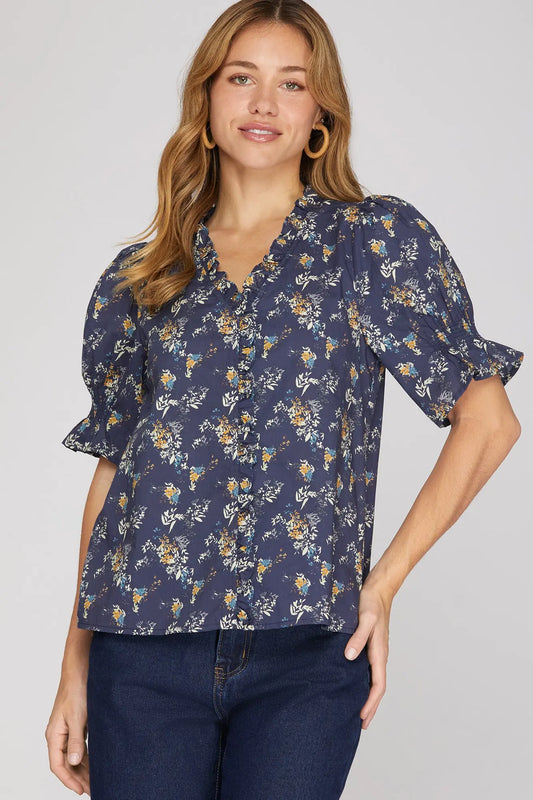 Navy Short Sleeve Floral Ruffled Neck Top