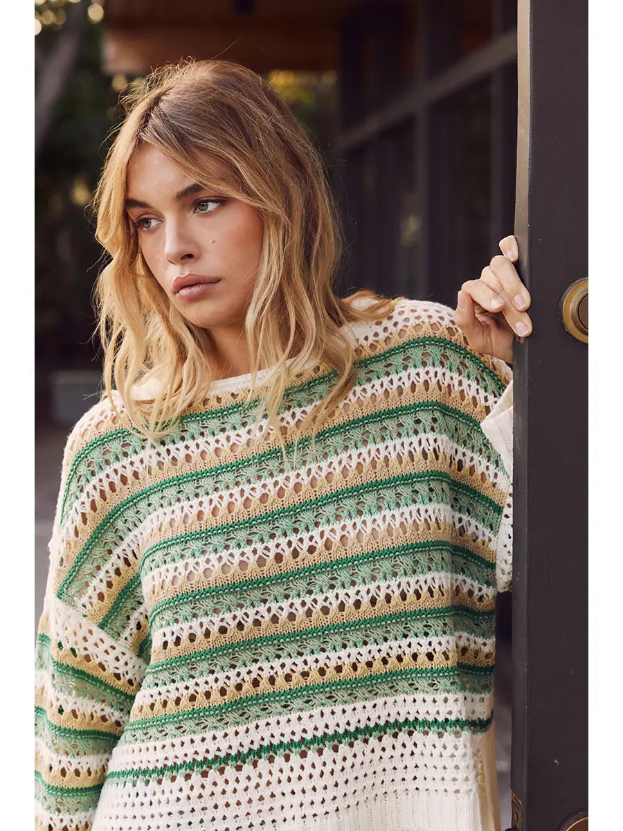 Green Multi-Stripe Crochet Sweater