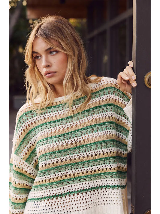 Green Multi-Stripe Crochet Sweater