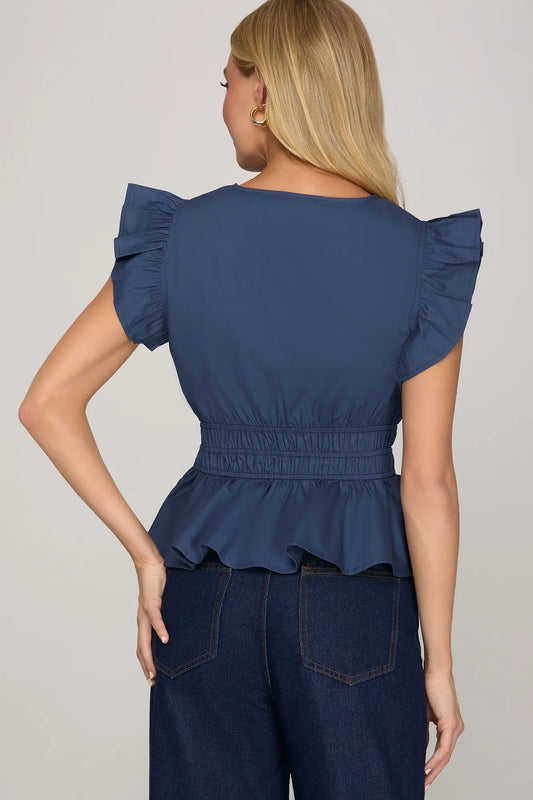 Navy Ruffled Sleeve V Neck Top With Elastic Waistband Detail