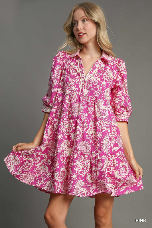 Pink Two Tone Paisley Print Dress