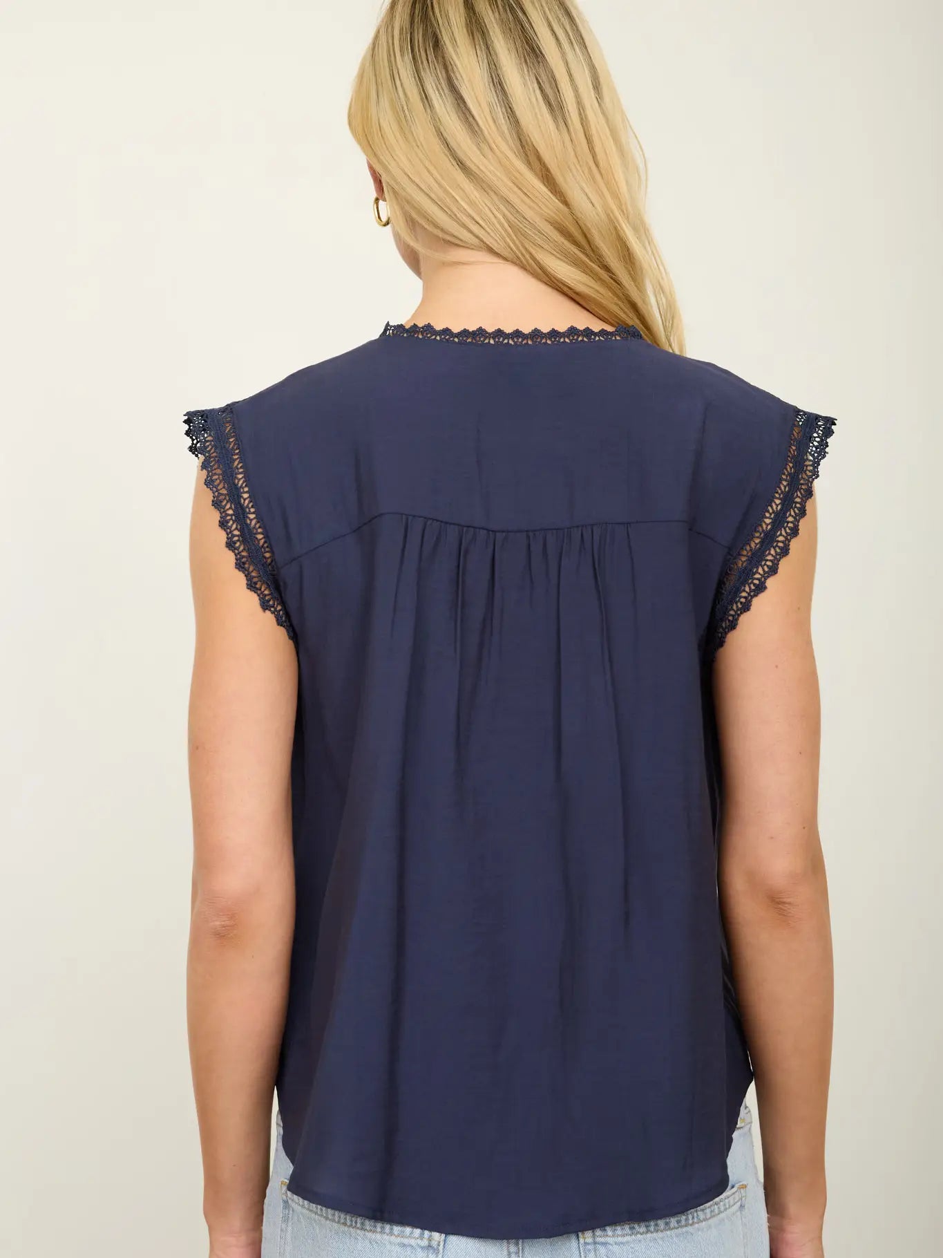 Navy Shoulder Lace Detail Button Down Top