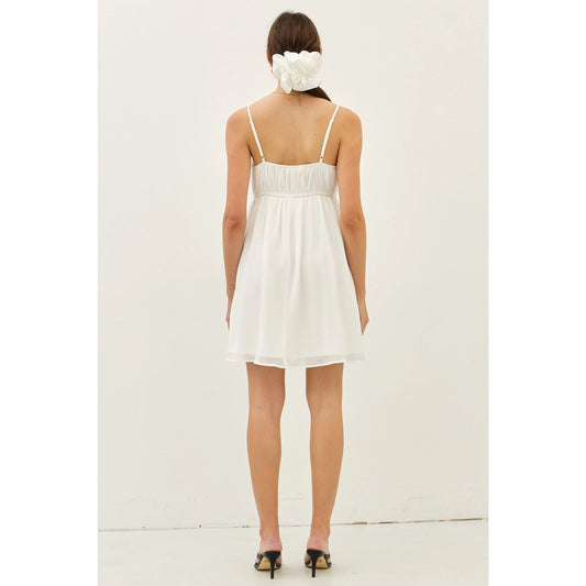Off White Textured Babydoll Mini Dress with Bow Detail