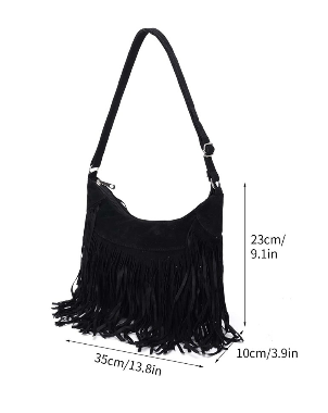 Black Minimalist Fringe Decor Crossbody Bag