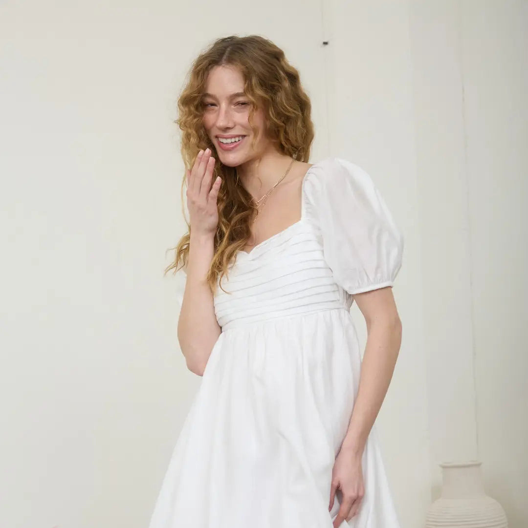 Off White Pleated Bodice Short Puff Sleeve Dress