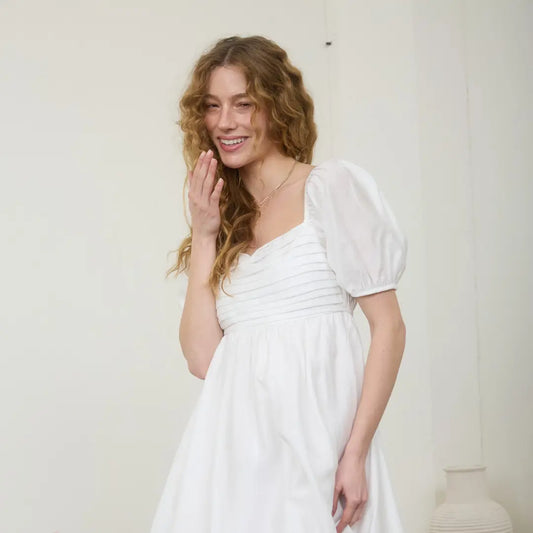 Off White Pleated Bodice Short Puff Sleeve Dress