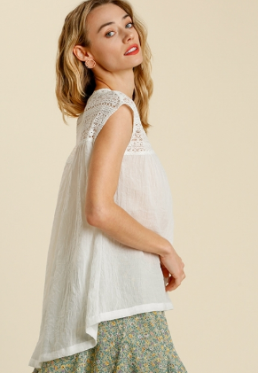 SALE Off Whte Lace Yoke Button Front Short Sleeve