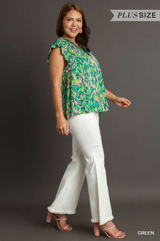 Sale Green Mixed Print Boxy Cut Top-Plus Size