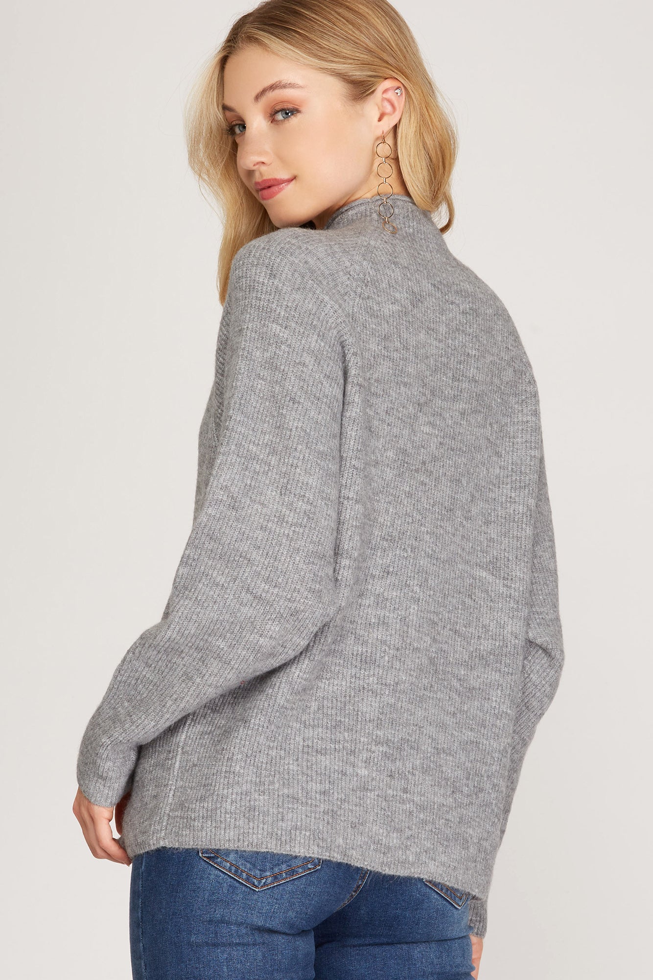 Gray Raglan Sleeve Mock Neck Knit Sweater